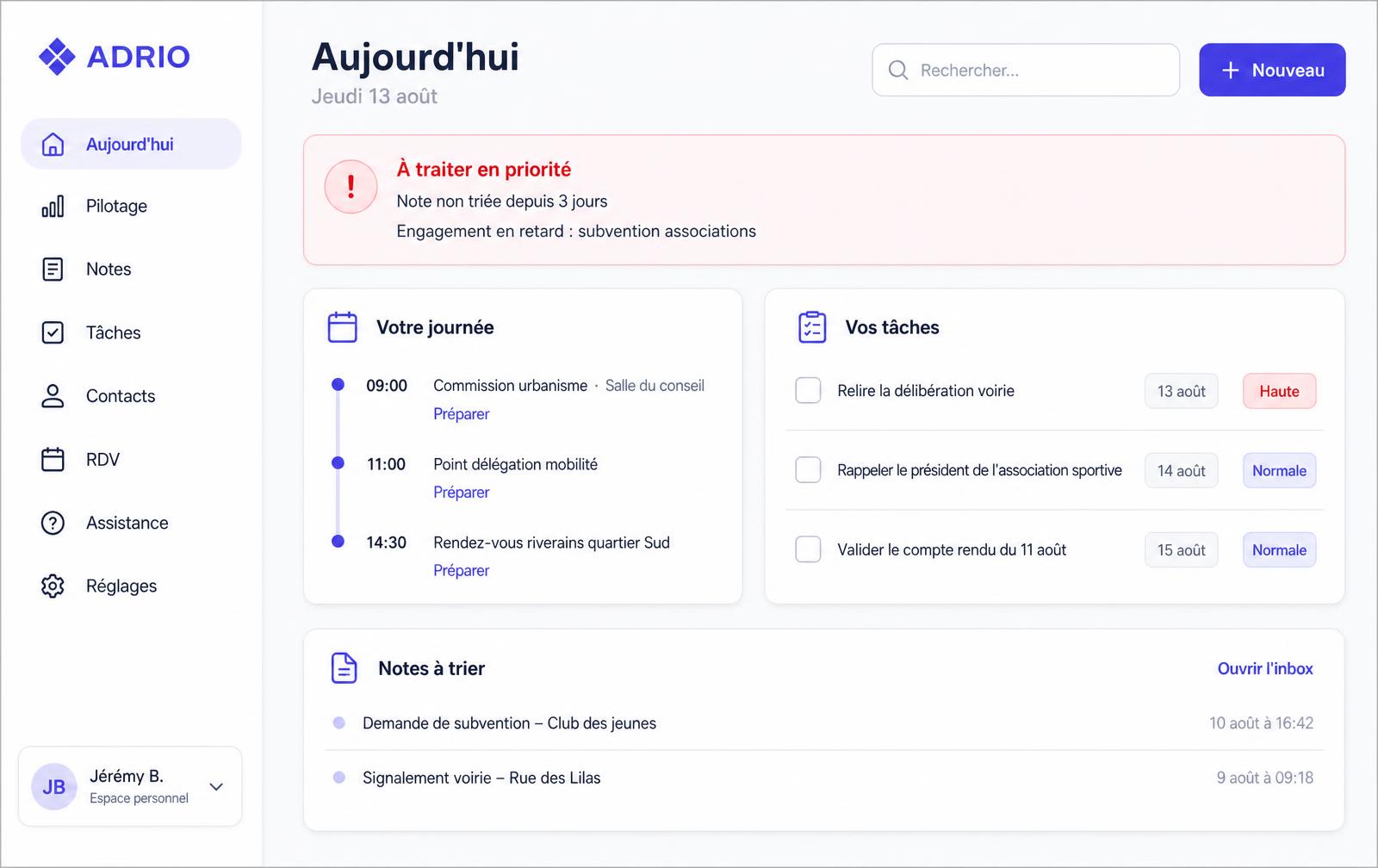 Tableau de bord ADRIO : agenda du jour, tâches et indicateurs